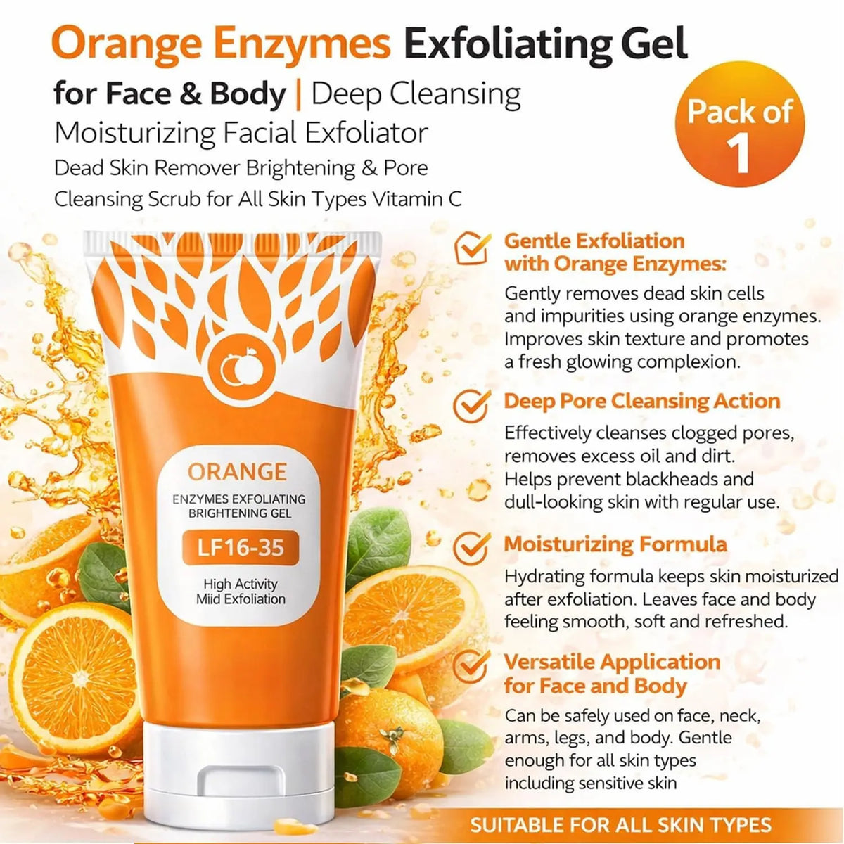 Orange Brightening Exfoliating Gel – Deep Cleansing Face Peeling Gel for Dead Skin Removal & Instant Glow – Smooth Radiant Skin